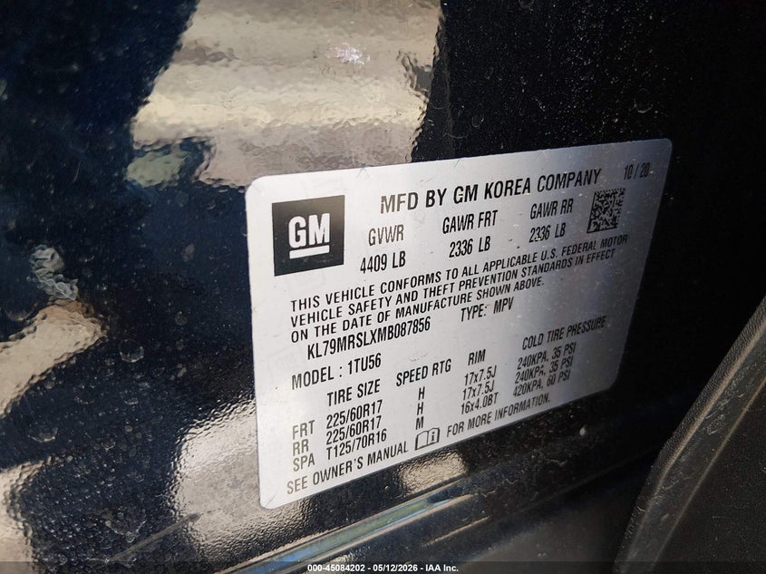 2021 Chevrolet Trailblazer VIN KL79MRSLXMB087856 IAAI salvage auction — FRONT & REAR, Salvage (New Jersey), sold $1,950 on 2026-07-06 (photo 9)