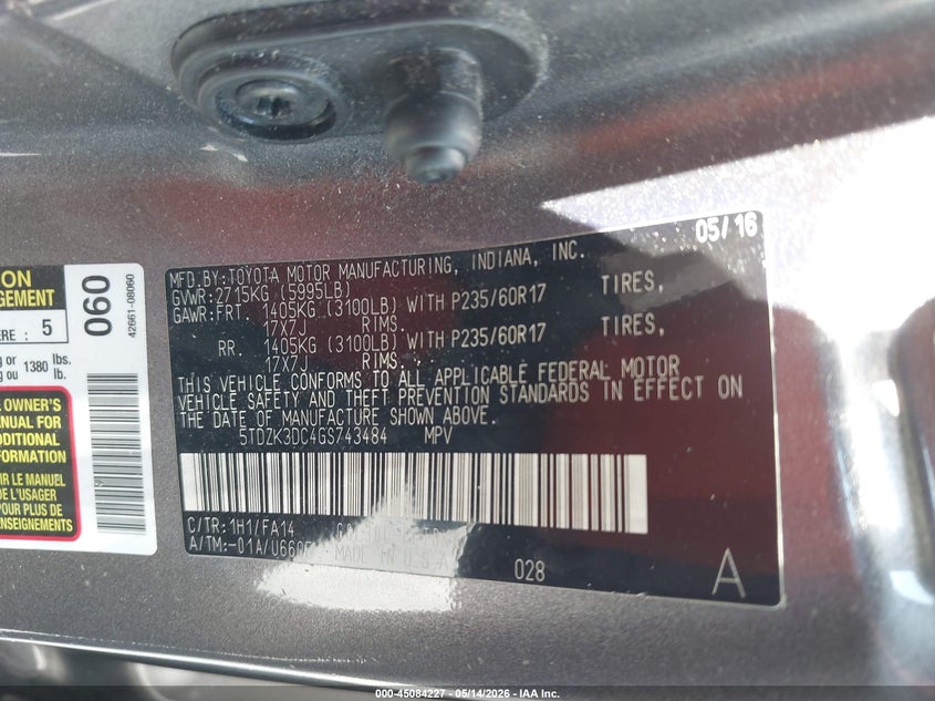 2016 Toyota Sienna VIN 5TDZK3DC4GS743484 IAAI salvage auction — RIGHT FRONT, Rebuildable (Florida), sold $1,900 on 2026-07-24 (photo 9)
