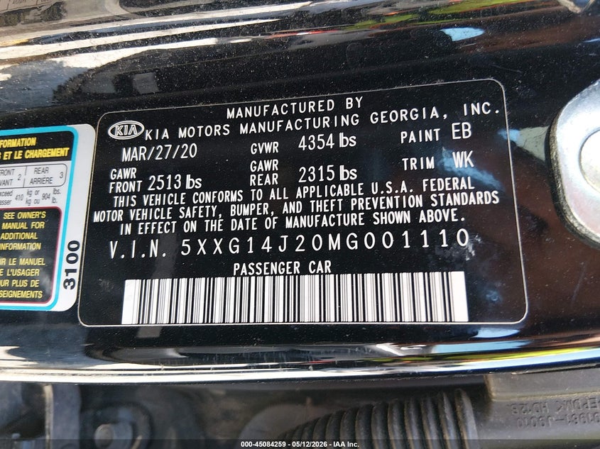 2021 Kia K5 VIN 5XXG14J20MG001110 IAAI salvage auction — FRONT END, Salvage (Illinois), sold $2,700 on 2026-07-24 (photo 9)