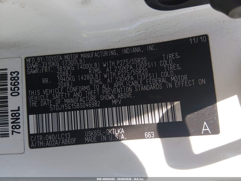 2011 Toyota Sequoia VIN 5TDJY5G15BS046982 IAAI salvage auction — FRONT END, Salvage (Nevada), sold $3,050 on 2026-07-17 (photo 9)