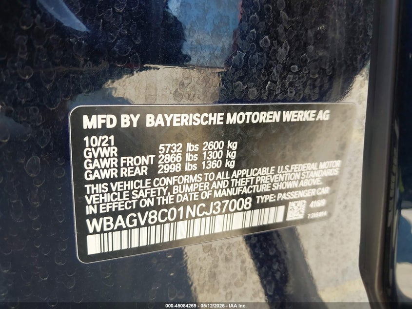 2022 BMW 8er VIN WBAGV8C01NCJ37008 IAAI salvage auction — ENGINE DAMAGE, Salvage Title, sold $18,700 on 2026-07-30 (photo 9)