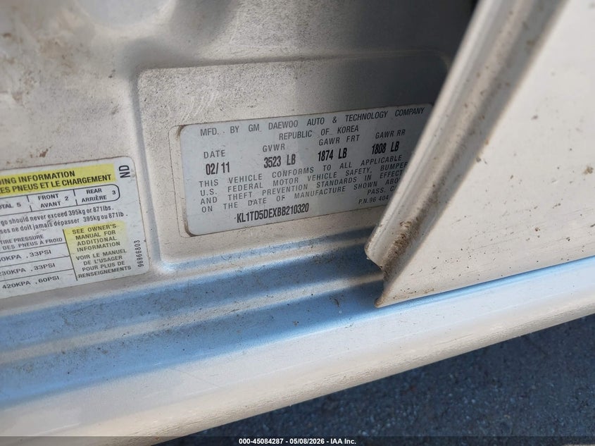 2011 Chevrolet Aveo VIN KL1TD5DEXBB210320 IAAI salvage auction — NORMAL WEAR, Clear (Texas), sold $300 on 2026-07-14 (photo 9)