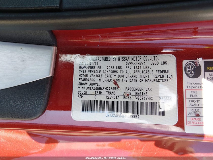 2015 Nissan 370z VIN JN1AZ4EH4FM443952 IAAI salvage auction — WATER/FLOOD, Salvage (Texas), sold $5,175 on 2026-07-10 (photo 9)