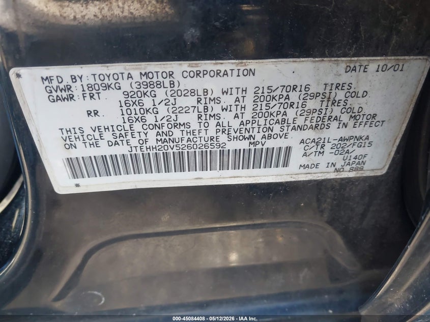 2002 Toyota Rav4 VIN JTEHH20V526026592 IAAI salvage auction — NORMAL WEAR, Clear (New York), sold $650 on 2026-07-28 (photo 9)