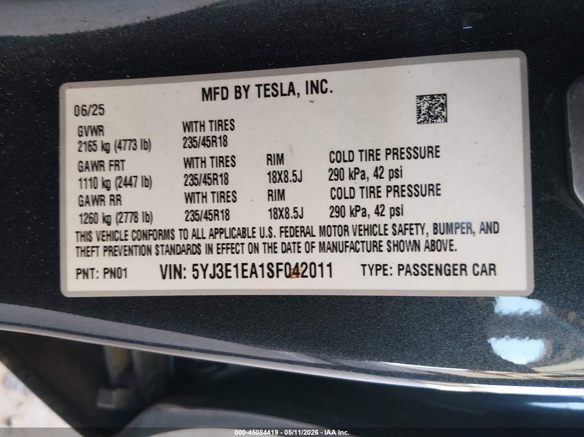 2025 Tesla Model 3 VIN 5YJ3E1EA1SF042011 IAAI salvage auction — BIO HAZARD, Bill Of Sale (Washington), sold $5,850 on 2026-07-30 (photo 9)
