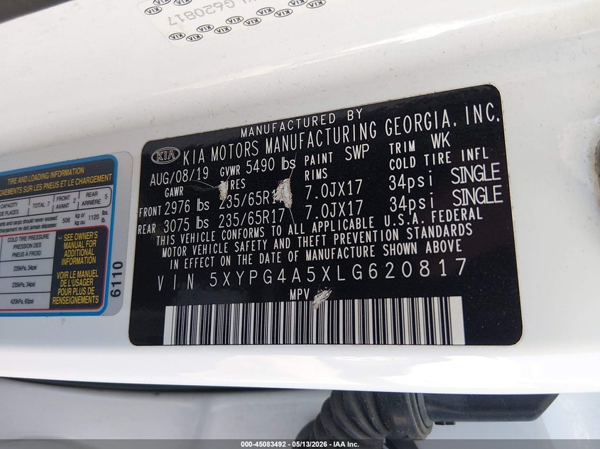 2020 Kia Sorento VIN 5XYPG4A5XLG620817 IAAI salvage auction — FRONT END, Clear (Tennessee), sold $2,750 on 2026-07-22 (photo 9)