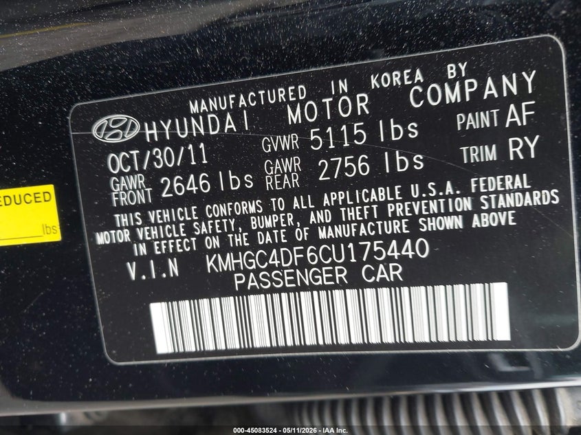 2012 Hyundai Genesis VIN KMHGC4DF6CU175440 IAAI salvage auction — FRONT END, Salvage (Georgia), sold $1,000 on 2026-07-08 (photo 9)