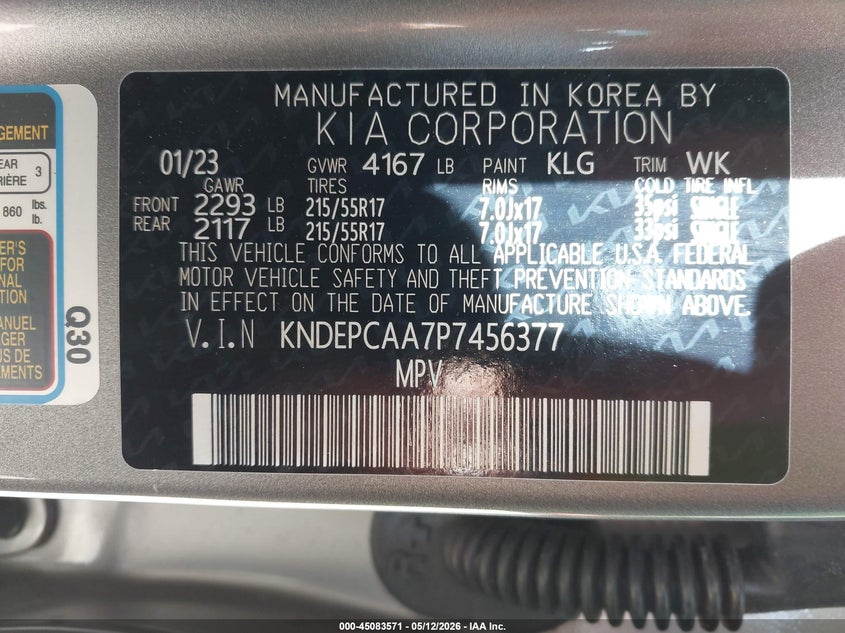 2023 Kia Seltos VIN KNDEPCAA7P7456377 IAAI salvage auction — RIGHT FRONT, Salvage (Pennsylvania), sold $5,700 on 2026-07-14 (photo 9)