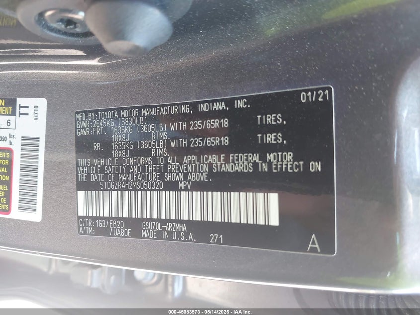 2021 Toyota Highlander VIN 5TDGZRAH2MS050320 IAAI salvage auction — RIGHT FRONT, Rebuildable (Florida), sold $13,650 on 2026-07-21 (photo 9)