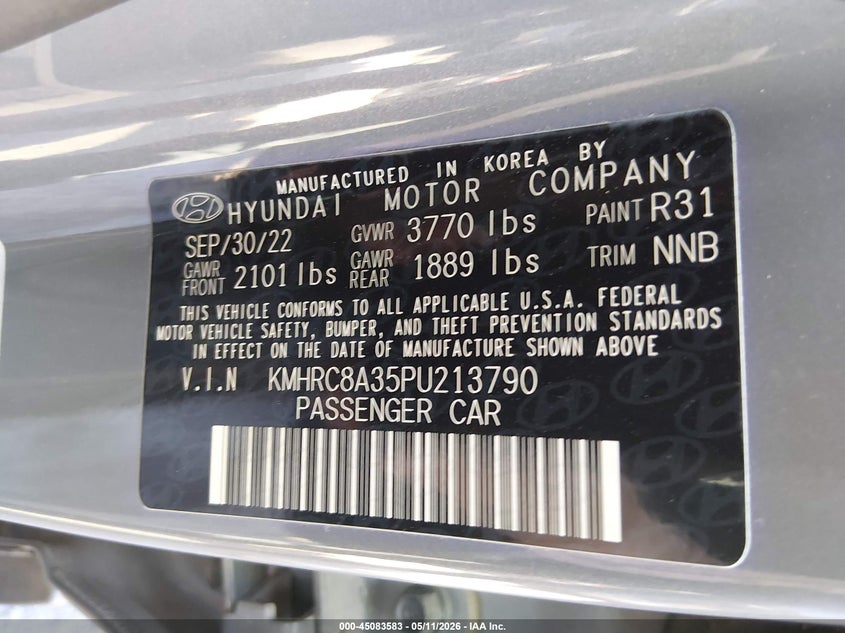 2023 Hyundai Venue VIN KMHRC8A35PU213790 IAAI salvage auction — REAR END, Clear (Oklahoma), sold $6,500 on 2026-07-21 (photo 9)