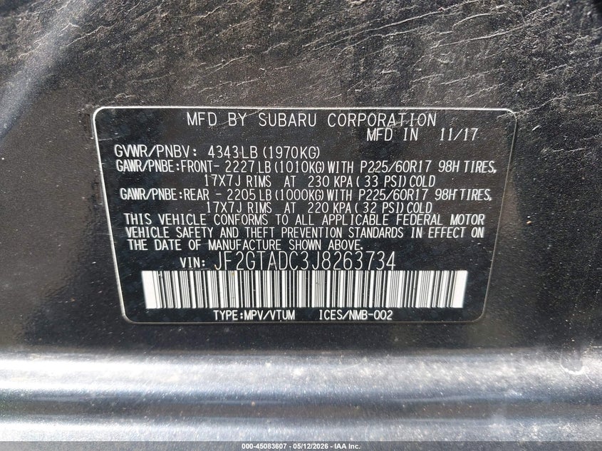2018 Subaru Xv VIN JF2GTADC3J8263734 IAAI salvage auction — HAIL, Salvage (Ohio), sold $3,350 on 2026-07-13 (photo 9)