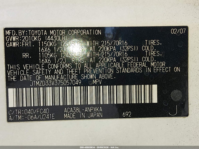 2007 Toyota Rav4 VIN JTMZD33V375057049 IAAI salvage auction — LEFT SIDE, Salvage (Nevada), sold $1,450 on 2026-07-31 (photo 9)