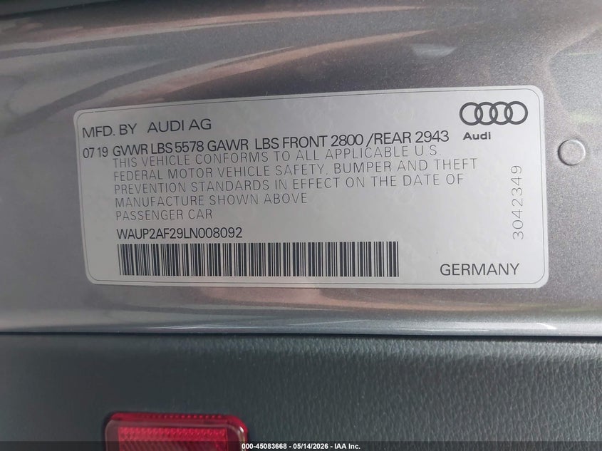 2020 Audi A7 VIN WAUP2AF29LN008092 IAAI salvage auction — REAR END, Salvage Title, sold $12,600 on 2026-07-11 (photo 9)