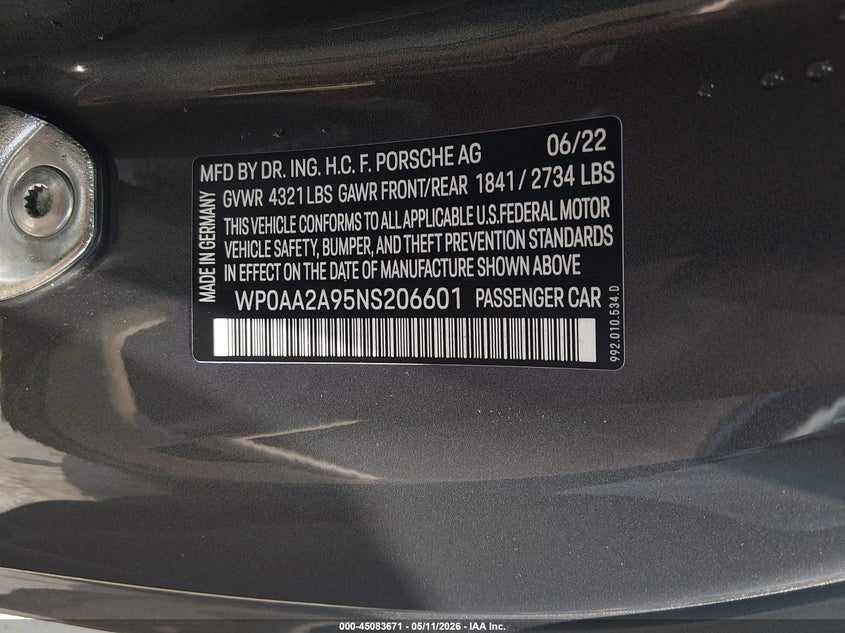 2022 Porsche 911 VIN WP0AA2A95NS206601 IAAI salvage auction — FRONT END, Original (Texas), sold $50,000 on 2026-07-13 (photo 9)