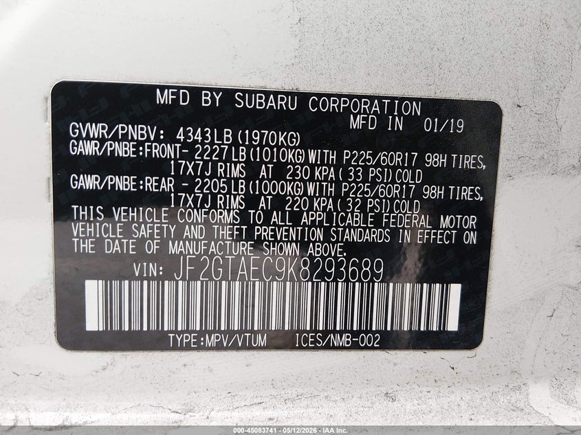 2019 Subaru Xv VIN JF2GTAEC9K8293689 IAAI salvage auction — FRONT END, Salvage (California), sold $1,425 on 2026-07-13 (photo 9)