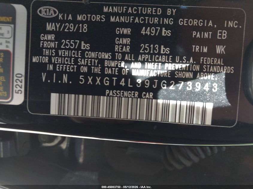 2018 Kia Optima VIN 5XXGT4L39JG273943 IAAI salvage auction — FRONT END, Salvage (Pennsylvania), sold $300 on 2026-07-07 (photo 9)