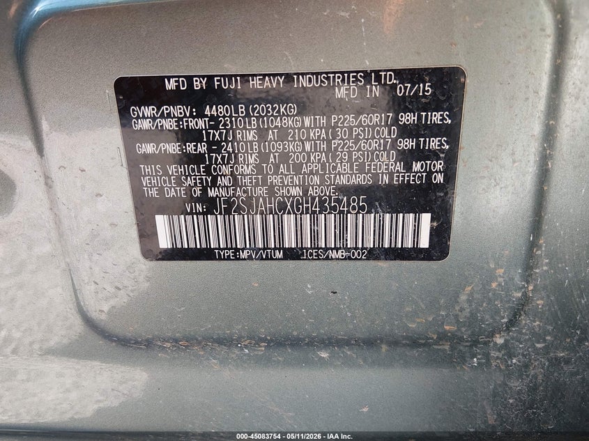 2016 Subaru Forester VIN JF2SJAHCXGH435485 IAAI salvage auction — HAIL, Clear (Missouri), sold $1,100 on 2026-07-13 (photo 9)