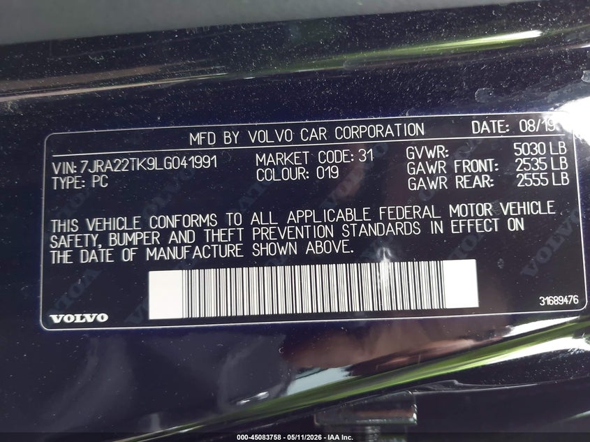 2020 Volvo S60 VIN 7JRA22TK9LG041991 IAAI salvage auction — FRONT END, Salvage (Idaho), sold $6,400 on 2026-07-15 (photo 9)