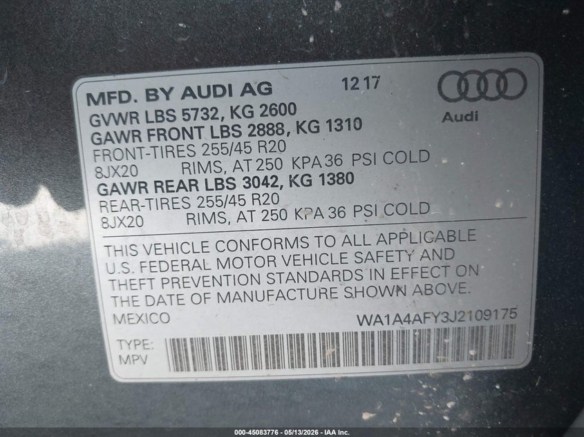 2018 Audi Sq5 VIN WA1A4AFY3J2109175 IAAI salvage auction — LEFT FRONT, Salvage (Alabama), sold $7,000 on 2026-07-13 (photo 9)