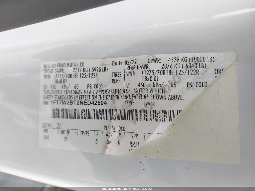 2022 Ford F250 VIN 1FT7W2BT2NED42804 IAAI salvage auction — FRONT END, Salvage (Georgia), sold $10,400 on 2026-07-28 (photo 9)
