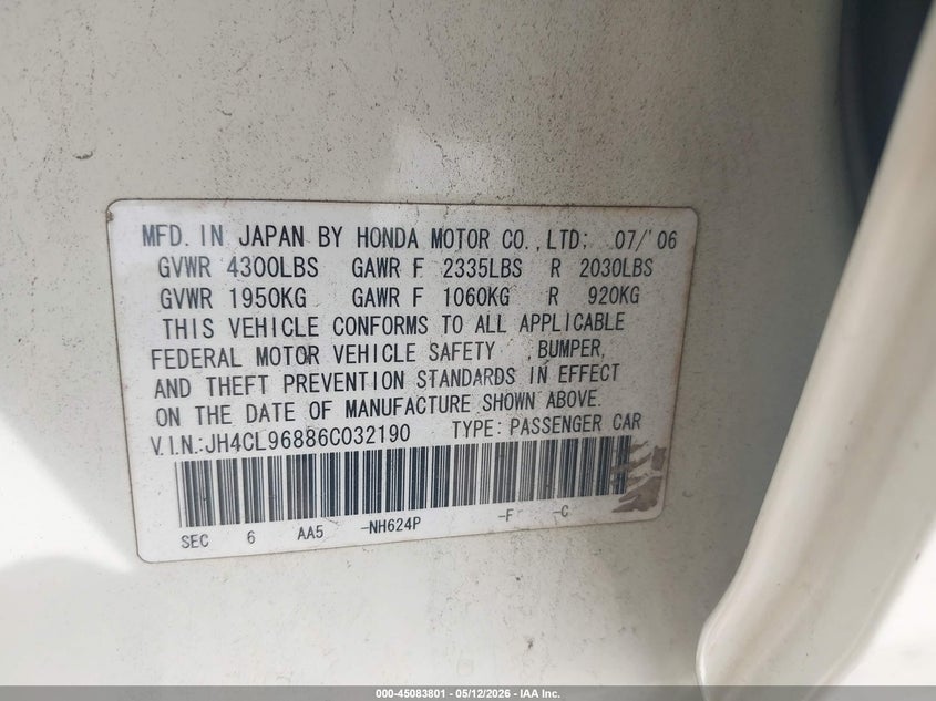 2006 Acura Tsx VIN JH4CL96886C032190 IAAI salvage auction — FRONT & REAR, Salvage (Georgia), sold $275 on 2026-07-09 (photo 9)