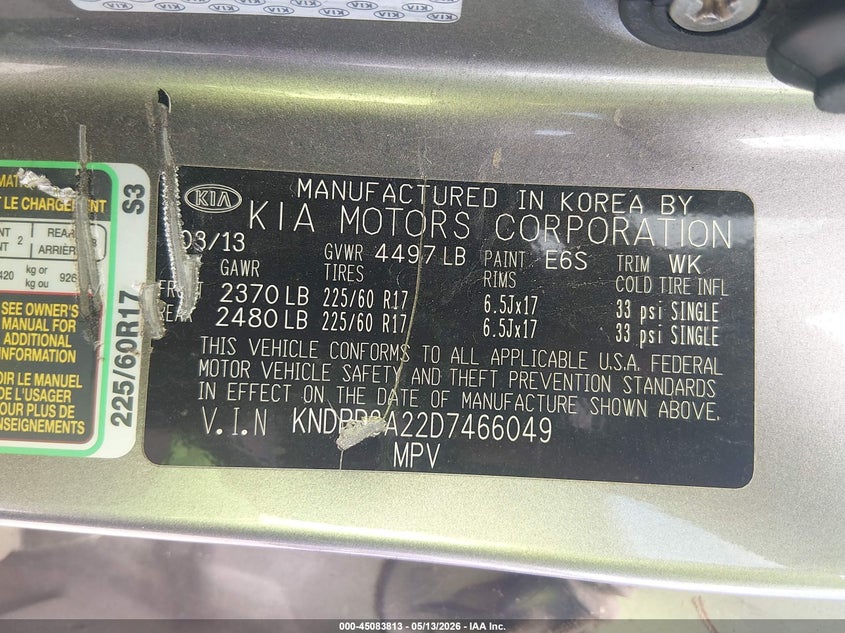 2013 Kia Sportage VIN KNDPB3A22D7466049 IAAI salvage auction — NORMAL WEAR, Clear (Montana), sold $1,700 on 2026-07-15 (photo 9)