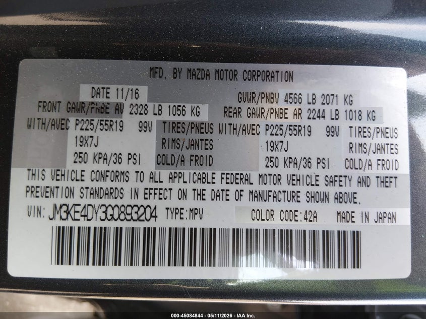 2016 Mazda Cx-5 VIN JM3KE4DY3G0893204 IAAI salvage auction — SIDE, Clear (South Carolina), sold $5,600 on 2026-07-14 (photo 9)