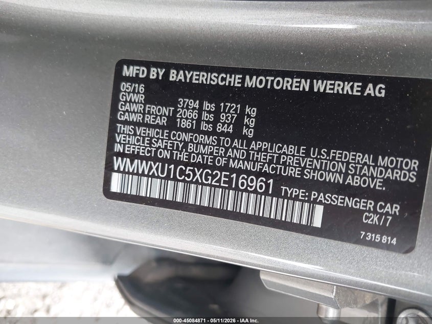 2016 Mini Hard top VIN WMWXU1C5XG2E16961 IAAI salvage auction — REAR END, Salvage (South Carolina), sold $1,350 on 2026-07-14 (photo 9)