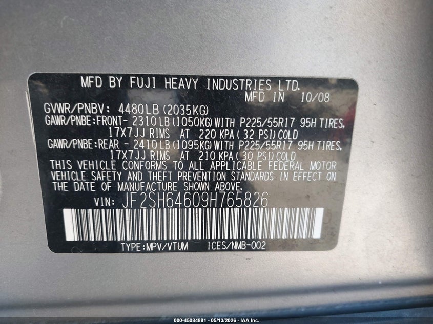 2009 Subaru Forester VIN JF2SH64609H765826 IAAI salvage auction — SIDE, Salvage (California), sold $1,225 on 2026-07-07 (photo 9)