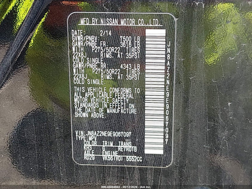 2014 Infiniti Qx80 VIN JN8AZ2NE9E9067097 IAAI salvage auction — REAR END, Clear (Oklahoma), sold $25 on 2026-07-29 (photo 9)