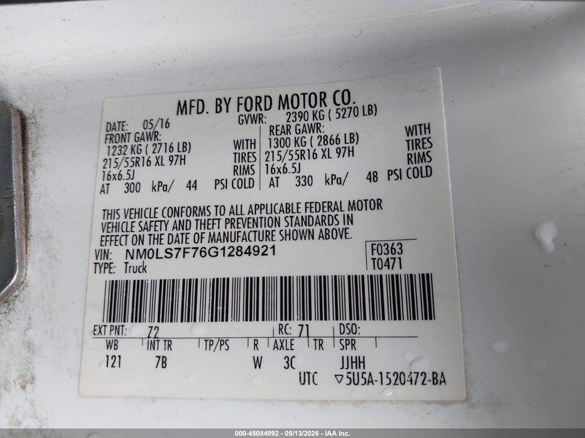 2016 Ford Transit VIN NM0LS7F76G1284921 IAAI salvage auction — REAR END, Salvage (California), sold $4,925 on 2026-07-20 (photo 9)