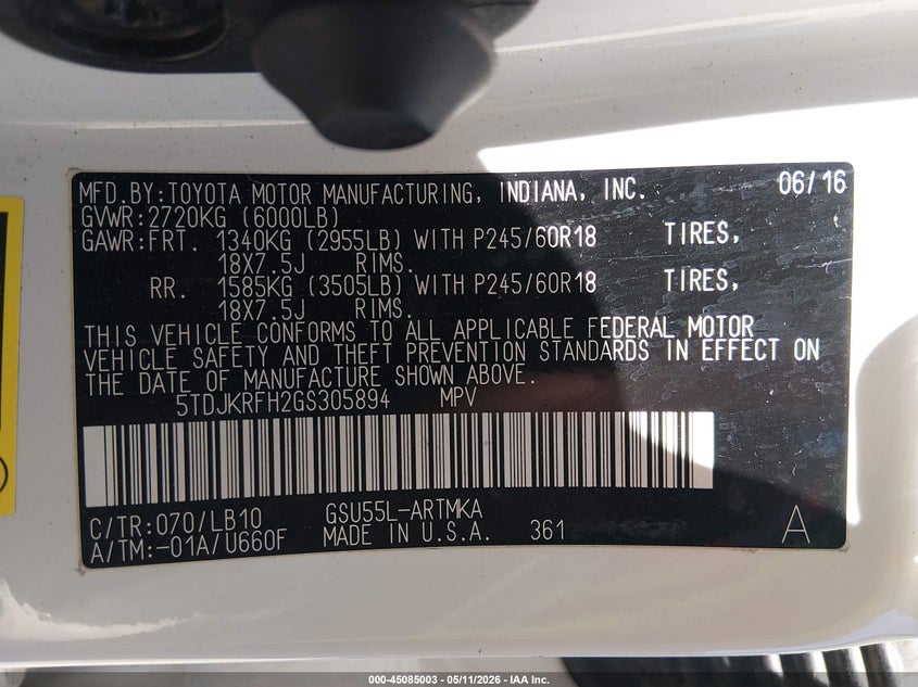 2016 Toyota Highlander VIN 5TDJKRFH2GS305894 IAAI salvage auction — RIGHT FRONT, Bill Of Sale (Washington), sold $6,700 on 2026-08-01 (photo 9)