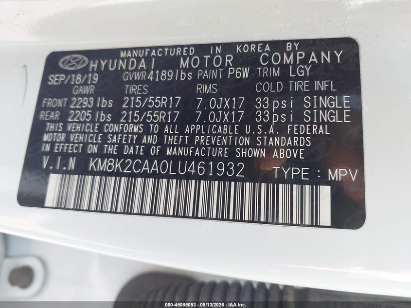 2020 Hyundai Kona VIN KM8K2CAA0LU461932 IAAI salvage auction — FRONT END, Salvage (Idaho), sold $3,450 on 2026-07-08 (photo 9)