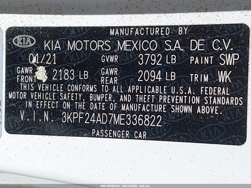 2021 Kia Forte VIN 3KPF24AD7ME336822 IAAI salvage auction — FRONT END, Clear (Kansas), sold $9,000 on 2026-07-15 (photo 9)