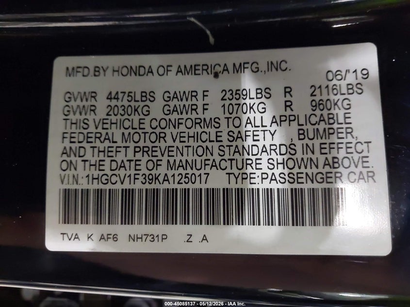2019 Honda Accord VIN 1HGCV1F39KA125017 IAAI salvage auction — FRONT END, Salvage Title, sold $1,850 on 2026-07-18 (photo 9)