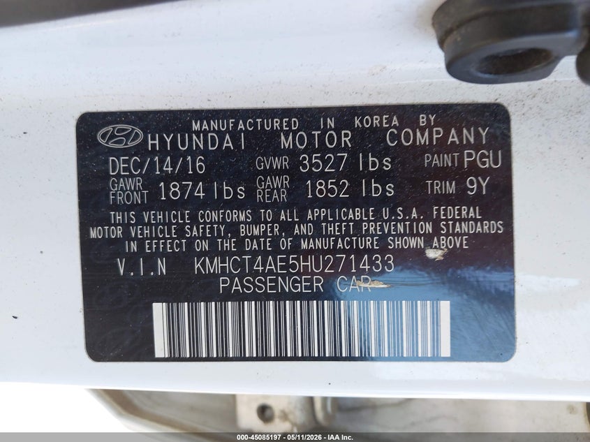 2017 Hyundai Accent VIN KMHCT4AE5HU271433 IAAI salvage auction — FRONT END, Salvage Title, sold $475 on 2026-07-17 (photo 9)
