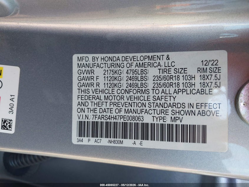 2023 Honda Cr-v VIN 7FARS4H47PE008063 IAAI salvage auction — FRONT END, Salvage (Pennsylvania), sold $11,100 on 2026-07-31 (photo 9)