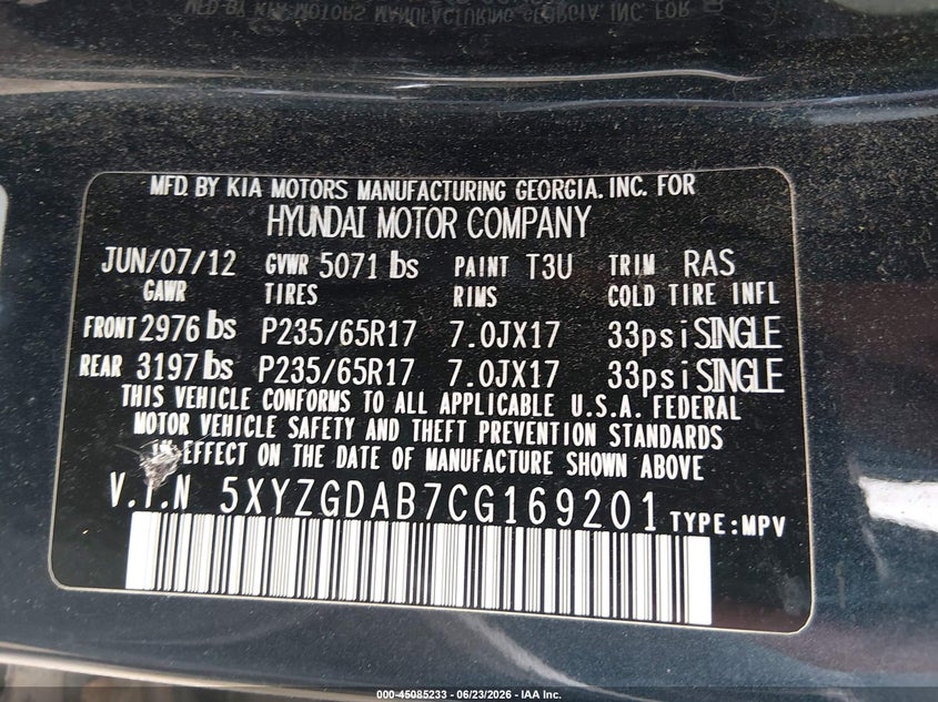 2012 Hyundai Santa fe VIN 5XYZGDAB7CG169201 IAAI salvage auction — RIGHT FRONT, Salvage (Illinois), sold $950 on 2026-07-22 (photo 9)