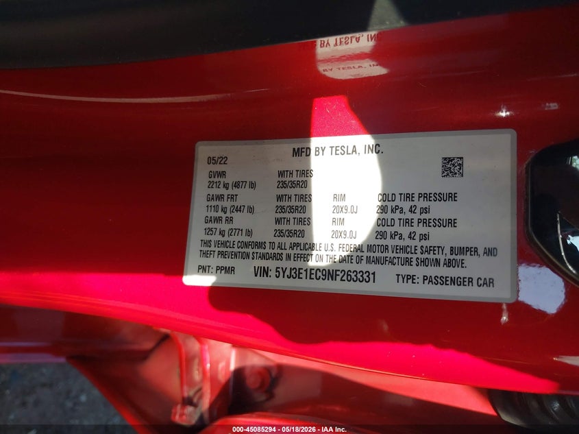 2022 Tesla Model 3 VIN 5YJ3E1EC9NF263331 IAAI salvage auction — FRONT END, Salvage (Massachusetts), sold $6,400 on 2026-07-31 (photo 9)