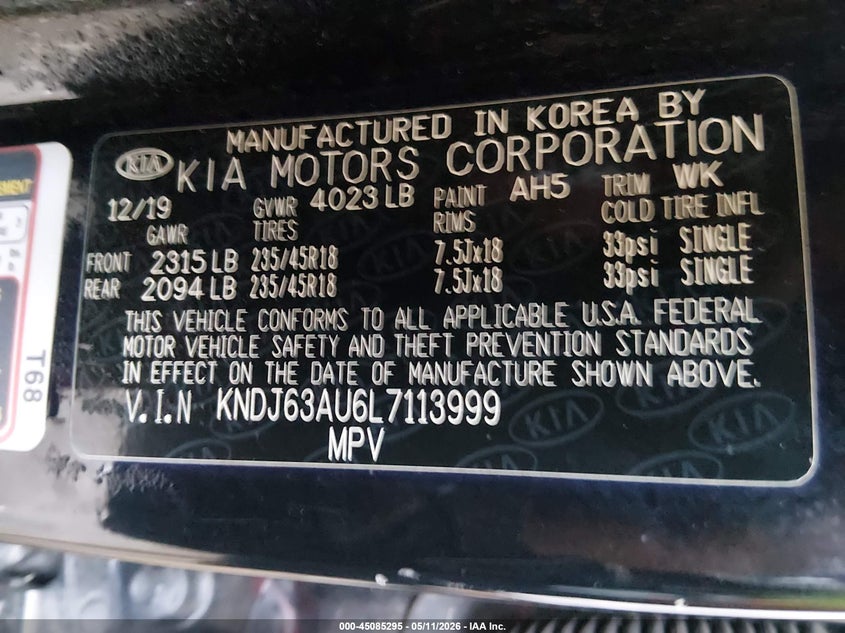 2020 Kia Soul VIN KNDJ63AU6L7113999 IAAI salvage auction — RIGHT FRONT, Clear (Oklahoma), sold $2,900 on 2026-07-08 (photo 9)
