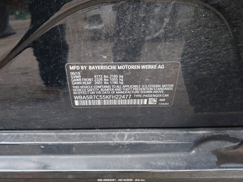 2019 BMW 3er VIN WBA5R7C55KFH22477 IAAI salvage auction — RIGHT FRONT, Salvage - 75% Or Less (Maryland), sold $8,500 on 2026-07-08 (photo 9)
