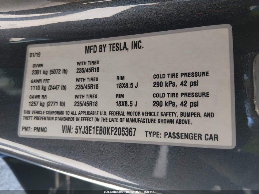 2019 Tesla Model 3 VIN 5YJ3E1EB0KF205367 IAAI salvage auction — FRONT END, Salvage (Illinois), sold $4,150 on 2026-07-23 (photo 9)