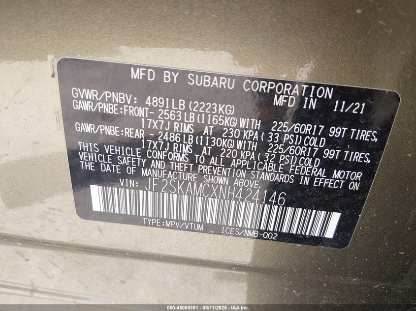 2022 Subaru Forester VIN JF2SKAMCXNH424146 IAAI salvage auction — ROLLOVER, Salvage (Texas), sold $625 on 2026-07-07 (photo 9)