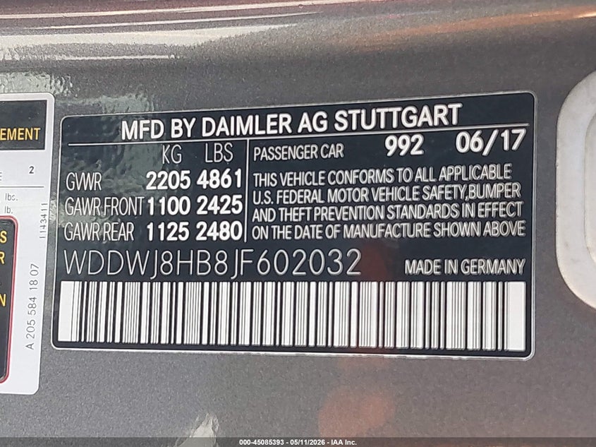 2018 Mercedes-benz VIN WDDWJ8HB8JF602032 IAAI salvage auction — RIGHT FRONT, Salvage Title, sold $20,000 on 2026-08-07 (photo 9)