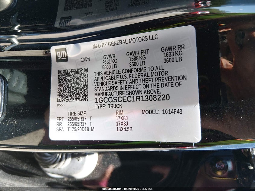 2024 Chevrolet Colorado VIN 1GCGSCEC1R1308220 IAAI salvage auction — FRONT END, Salvage Title, sold $8,700 on 2026-08-01 (photo 9)