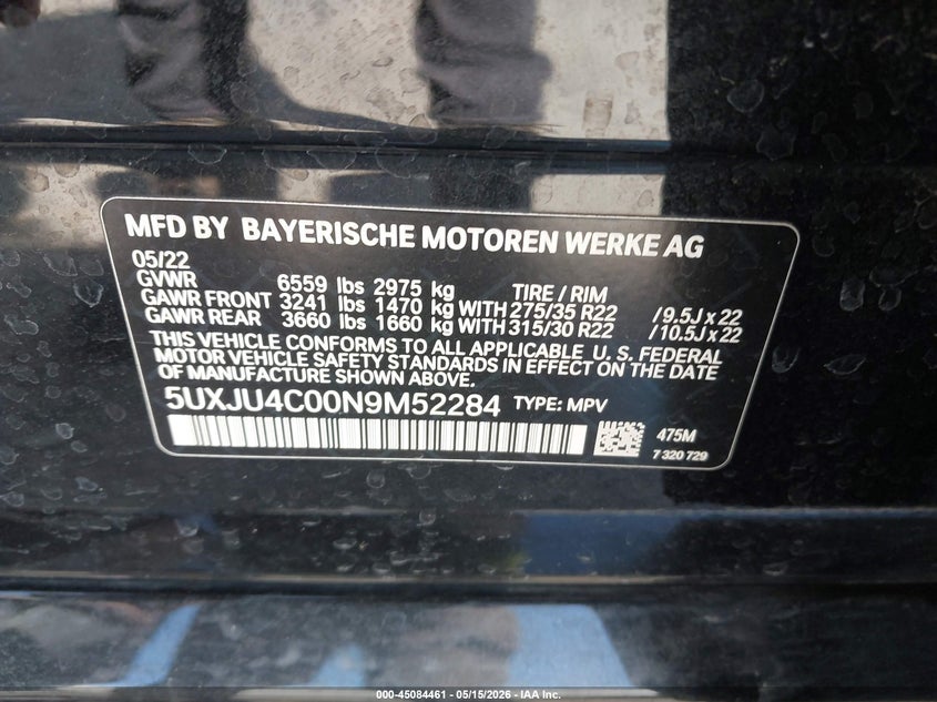 2022 BMW X5 VIN 5UXJU4C00N9M52284 IAAI salvage auction — FRONT END, Salvage (Virginia), sold $20,250 on 2026-07-14 (photo 9)