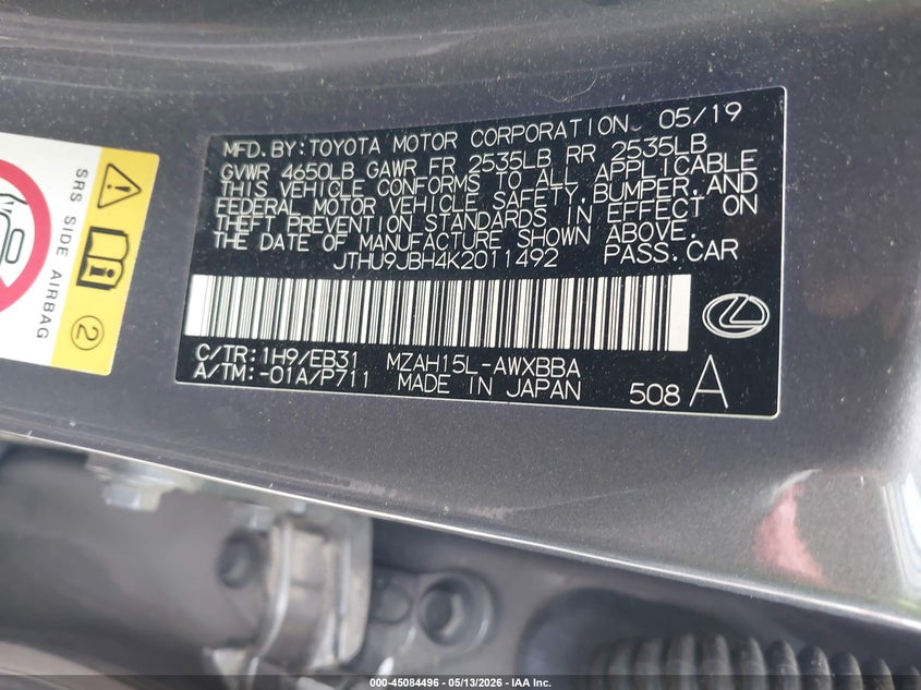 2019 Lexus Ux VIN JTHU9JBH4K2011492 IAAI salvage auction — FRONT END, Salvage (North Carolina), sold $6,000 on 2026-07-30 (photo 9)