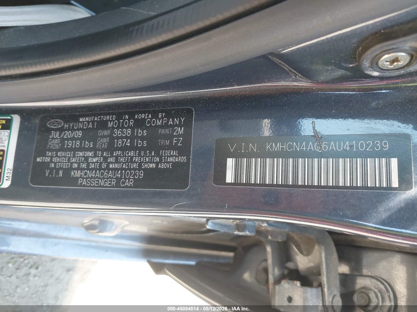 2010 Hyundai Accent VIN KMHCN4AC6AU410239 IAAI salvage auction — FRONT END, Salvage - Greater Than 75% (Maryland), sold $25 on 2026-07-22 (photo 9)