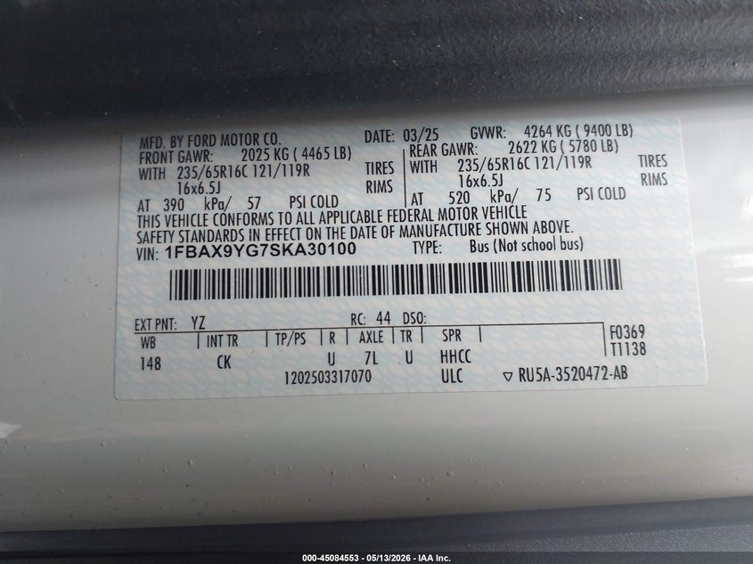 2025 Ford Transit VIN 1FBAX9YG7SKA30100 IAAI salvage auction — HAIL, Salvage (Ohio), sold $23,800 on 2026-07-30 (photo 9)