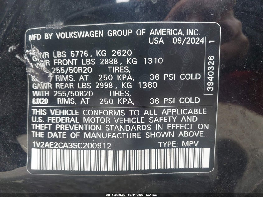 2025 Volkswagen Atlas cross sport VIN 1V2AE2CA3SC200912 IAAI salvage auction — RIGHT SIDE, Salvage (Massachusetts), sold $12,375 on 2026-07-14 (photo 9)